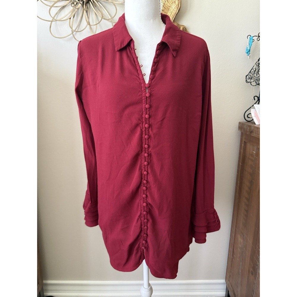 Soft Surroundings L Burgundy Rayon Romantic Button Front Blouse‎ Dark Academia